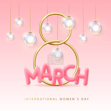 Illustration for International happy women`s day greeting card. Realistic golden metal number eight and electric lamps. 8 March. Vector illustration - Royalty Free Image