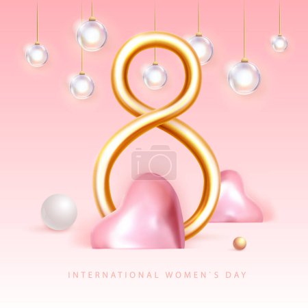 Illustration for International happy women`s day greeting card. Realistic golden metal number eight and pink love hearts. 8 March. Vector illustration - Royalty Free Image