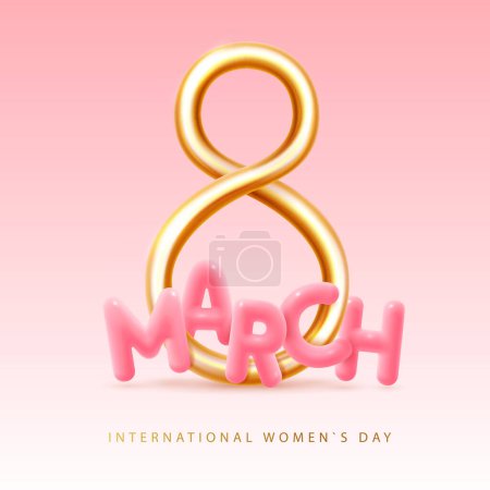 Illustration for International happy women`s day greeting card. Realistic golden metal number eight and plastic word march. 8 March. Vector illustration - Royalty Free Image