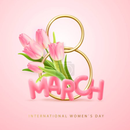 Ilustración de International happy women`s day greeting card. Realistic golden metal number eight and pink  tulips. 8 March. Vector illustration - Imagen libre de derechos