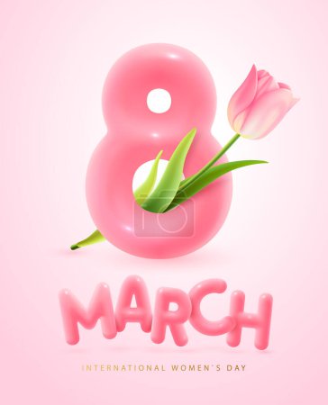 Illustration for International happy women`s day greeting card. Realistic pink plastic number eight and pink tulip. March 8. Vector illustration - Royalty Free Image