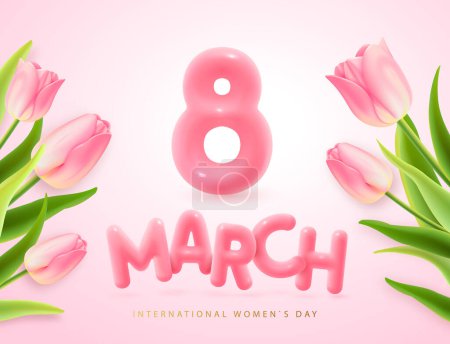 Téléchargez les illustrations : International happy women`s day greeting card. Realistic pink plastic number eight and bouquet of pink tulips. March 8. Vector illustration - en licence libre de droit