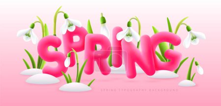 Ilustración de Spring typography background with realistic blooming snowdrops and 3D text. Vector illustration - Imagen libre de derechos