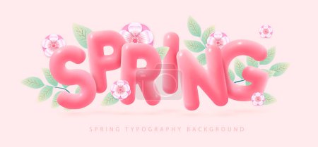 Téléchargez les illustrations : Spring typography background with cherry blossom, fresh green leaves and 3D text. Vector illustration - en licence libre de droit