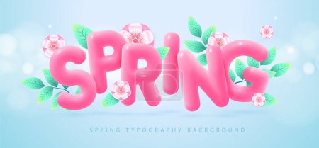 Ilustración de Spring typography background with cherry blossom, fresh green leaves and 3D text. Vector illustration - Imagen libre de derechos