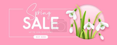 Ilustración de Spring big sale poster  with realistic full blossom snowdrops. Vector illustration - Imagen libre de derechos