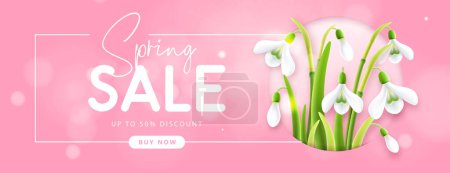 Téléchargez les illustrations : Spring big sale poster  with realistic full blossom snowdrops. Vector illustration - en licence libre de droit