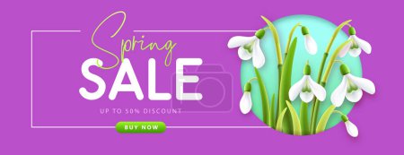 Illustration for Spring big sale poster  with realistic full blossom snowdrops. Vector illustration - Royalty Free Image