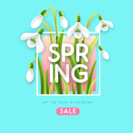 Ilustración de Spring big sale poster with realistic full blossom snowdrops. Vector illustration - Imagen libre de derechos