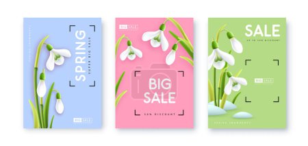 Illustration for Set of Spring big sale posters with realistic full blossom snowdrops. Set of modern magazine covers. Vector illustration - Royalty Free Image