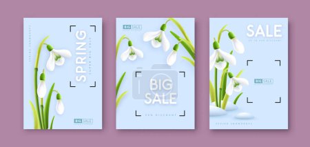 Téléchargez les illustrations : Set of Spring big sale posters with realistic full blossom snowdrops. Set of modern magazine covers. Vector illustration - en licence libre de droit