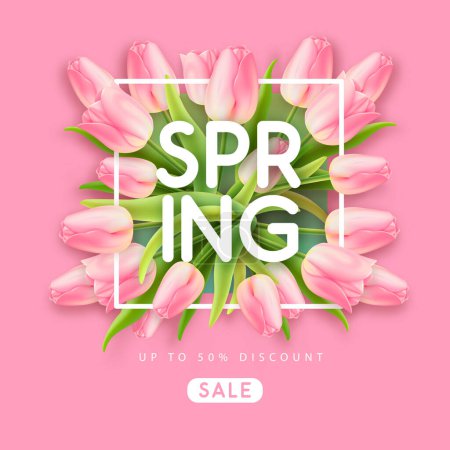 Ilustración de Spring big sale poster with realistic full blossom tulips on pink background. Vector illustration - Imagen libre de derechos