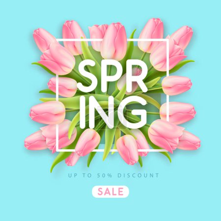 Téléchargez les illustrations : Spring big sale poster with realistic full blossom tulips on blue background. Vector illustration - en licence libre de droit