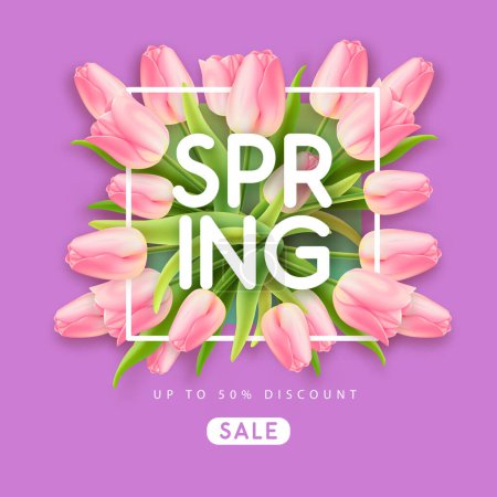 Illustration for Spring big sale poster with realistic full blossom tulips on purple background. Vector illustration - Royalty Free Image