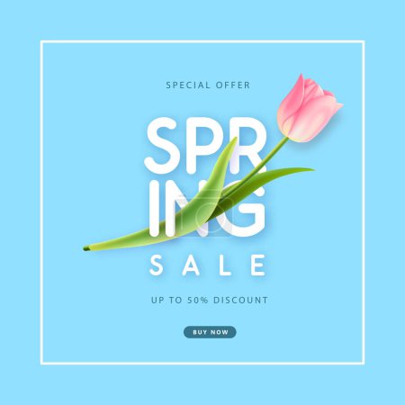 Ilustración de Spring big sale poster with realistic full blossom tulip on blue background. Vector illustration - Imagen libre de derechos