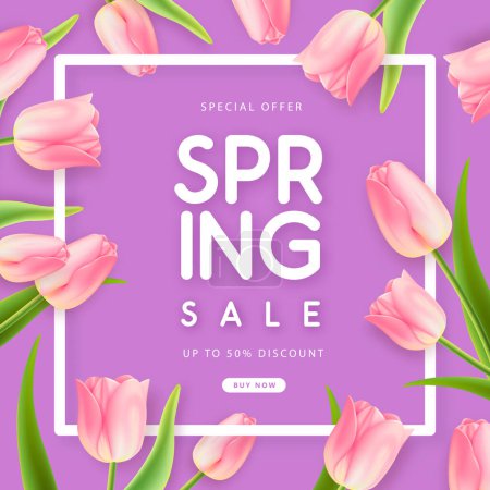 Ilustración de Spring big sale poster with realistic full blossom tulips on purple background. Vector illustration - Imagen libre de derechos