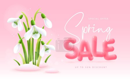 Ilustración de Spring big sale poster with realistic full blossom snowdrops and 3d text on pink background. Vector illustration - Imagen libre de derechos