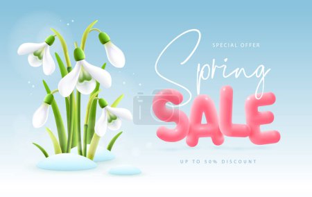 Illustration for Spring big sale poster with realistic full blossom snowdrops and 3d text on blue background. Vector illustration - Royalty Free Image