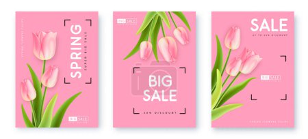 Téléchargez les illustrations : Set of Spring big sale posters with realistic full blossom tulips. Set of modern magazine covers. Vector illustration - en licence libre de droit