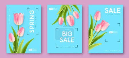 Ilustración de Set of Spring big sale posters with realistic full blossom tulips. Set of modern magazine covers. Vector illustration - Imagen libre de derechos