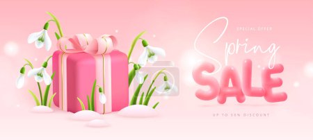 Illustration for Spring big sale poster with realistic full blossom snowdrops, gift box and 3d text on pink background. Vector illustration - Royalty Free Image