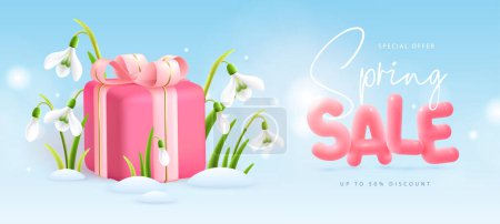 Illustration for Spring big sale poster with realistic full blossom snowdrops, gift box and 3d text on blue background. Vector illustration - Royalty Free Image