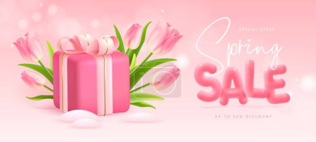 Téléchargez les illustrations : Spring big sale poster with realistic full blossom tulips, gift box and 3d text on pink background. Vector illustration - en licence libre de droit
