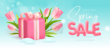 Téléchargez les illustrations : Spring big sale poster with realistic full blossom tulips, gift box and 3d text on blue background. Vector illustration - en licence libre de droit