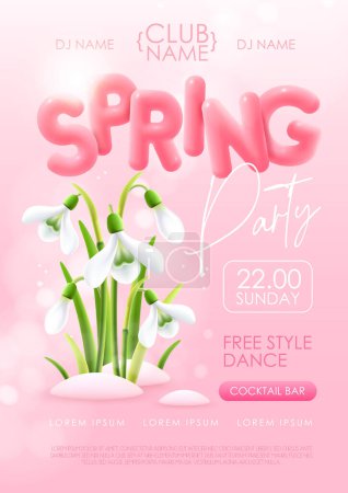 Illustration for Spring disco party typography poster with realistic full blossom snowdrops and 3d text on pink background. Vector illustration - Royalty Free Image