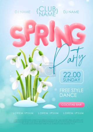 Illustration for Spring disco party typography poster with realistic full blossom snowdrops and 3d text on blue background. Vector illustration - Royalty Free Image
