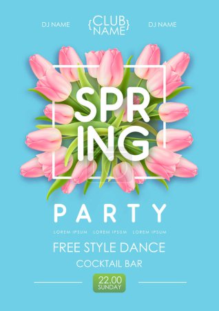Ilustración de Spring disco party typography poster with realistic full blossom tulips and 3d text on blue background. Vector illustration - Imagen libre de derechos