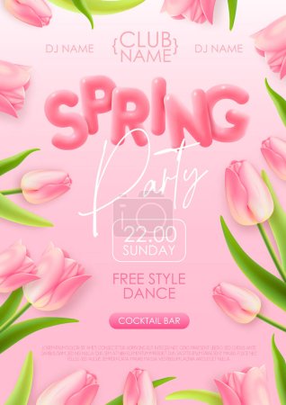 Ilustración de Spring disco party typography poster with realistic full blossom tulips and 3d text on pink background. Vector illustration - Imagen libre de derechos