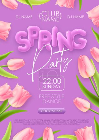 Illustration for Spring disco party typography poster with realistic full blossom tulips and 3d text on purple background. Vector illustration - Royalty Free Image