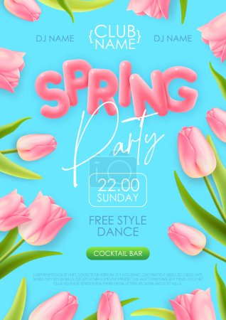 Illustration for Spring disco party typography poster with realistic full blossom tulips and 3d text on blue background. Vector illustration - Royalty Free Image