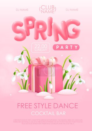 Ilustración de Spring disco party typography poster with realistic full blossom snowdrops, gift box and 3d text on pink background. Vector illustration - Imagen libre de derechos