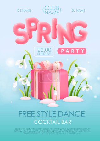 Illustration for Spring disco party typography poster with realistic full blossom snowdrops, gift box and 3d text on blue background. Vector illustration - Royalty Free Image