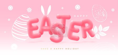 Illustration for Happy Easter typography background with simple easter eggs, flowers and 3D text. Greeting card or poster. Vector illustration - Royalty Free Image