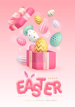 Téléchargez les illustrations : Happy Easter typography background with colorful easter eggs, open gift box and 3D text. Greeting card or poster. Vector illustration - en licence libre de droit