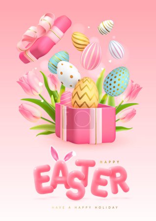 Téléchargez les illustrations : Happy Easter typography background with colorful easter eggs, open gift box and 3D text. Greeting card or poster. Vector illustration - en licence libre de droit