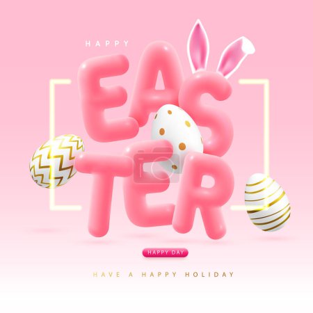 Téléchargez les illustrations : Happy Easter typography background with colorful easter eggs and 3D text. Greeting card or poster. Vector illustration - en licence libre de droit