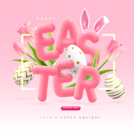 Téléchargez les illustrations : Happy Easter typography background with colorful easter eggs, tulips and 3D text. Greeting card or poster. Vector illustration - en licence libre de droit
