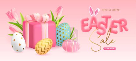Ilustración de Happy Easter typography big sale poster with colorful easter eggs, gift box and pink tulips. Greeting card or poster. Vector illustration - Imagen libre de derechos