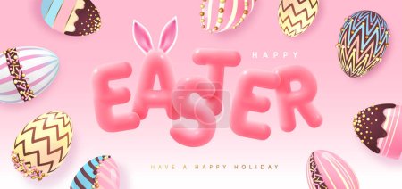 Téléchargez les illustrations : Happy Easter typography background with colorful chocolate easter eggs and 3D text. Greeting card or poster. Vector illustration - en licence libre de droit
