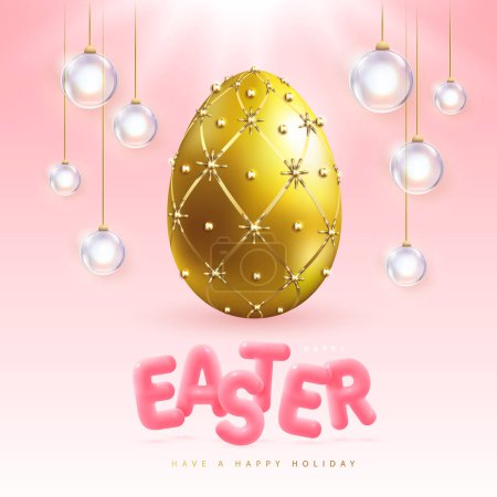 Téléchargez les illustrations : Happy Easter typography background with Faberge egg and 3D text. Greeting card or poster. Vector illustration - en licence libre de droit