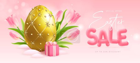 Illustration for Happy Easter typography big sale poster with Faberge egg, gift box and pink tulips. Greeting card or poster. Vector illustration - Royalty Free Image