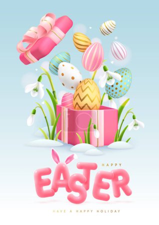 Ilustración de Happy Easter typography background with colorful easter eggs, open gift box and 3D text. Greeting card or poster. Vector illustration - Imagen libre de derechos