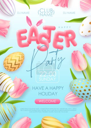 Illustration for Happy Easter typography party poster with colorful easter eggs, tulips and 3D text. Greeting card or poster. Vector illustration - Royalty Free Image