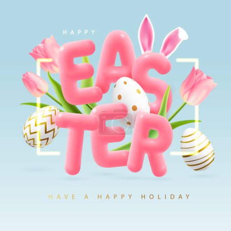 Téléchargez les illustrations : Happy Easter typography background with colorful easter eggs, tulips and 3D text. Greeting card or poster. Vector illustration - en licence libre de droit