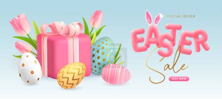 Ilustración de Happy Easter typography big sale poster with colorful easter eggs, gift box and pink tulips. Greeting card or poster. Vector illustration - Imagen libre de derechos
