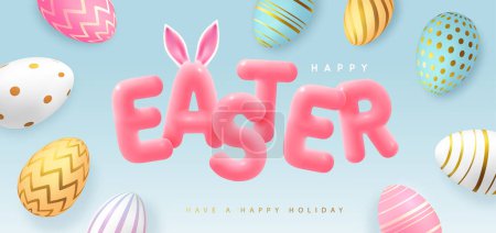 Illustration for Happy Easter typography background with colorful easter eggs and 3D text. Greeting card or poster. Vector illustration - Royalty Free Image